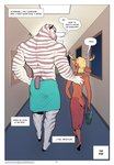 2020 5_fingers aaron_(falcon_mccooper) anthro antlers biped blonde_hair border clothed clothing comic deer dialogue digital_media_(artwork) duo english_text equid equine falcon_mccooper femboy fingers hair hallway hand_on_back hi_res horn inside jesse_(falcon_mccooper) larger_anthro larger_male looking_at_another male male/male mammal manly muscular muscular_male patreon plantigrade rear_view romantic romantic_ambiance romantic_couple size_difference smaller_anthro smaller_male snout speech_bubble student teacher teacher_and_student text topless towel url white_border zebra