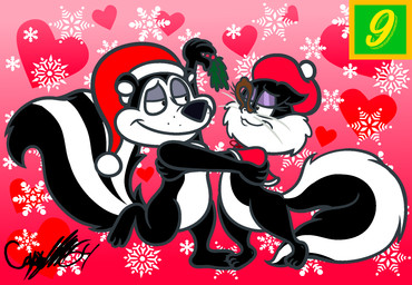 3_toes 4_fingers anthro big_nose black_body black_eyes black_fur black_nose black_tail cheek_tuft christmas_clothing christmas_headwear closed_smile clothing duo eye_contact eyelashes facial_tuft featureless_crotch feet female female_anthro fingers fluffy fluffy_tail fur grey_eyelids grey_whiskers half-closed_eyes hat headgear headwear heart_symbol holding_mistletoe holidays interspecies light long_tail looking_at_another male male_anthro mistletoe mouth_closed multicolored_body multicolored_fur narrowed_eyes number on_one_leg pattern_background pink_background plant purple_eyelids red_beret red_clothing red_hat red_headwear red_shawl santa_hat simple_background small_nose smile smiling_at_another smiling_at_each_other standing tail text_box toes tuft two_tone_body two_tone_fur two_tone_tail whiskers white_body white_fur white_inner_ear white_tail captainquack64 christmas looney_tunes warner_brothers penelope_pussycat pepe_le_pew domestic_cat felid feline felis mammal mephitid skunk 2022 colored digital_drawing_(artwork) digital_media_(artwork) english_description hi_res lighting signature