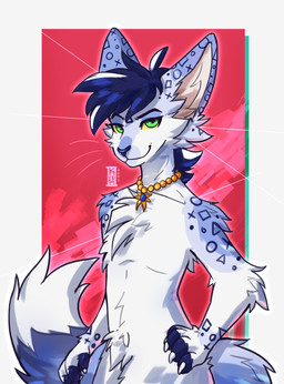 ambiguous_gender anthro blue_body blue_fur emerald_(gem) fluffy fluffy_tail fur gem gold_(metal) gold_jewelry gold_necklace green_eyes highlights_(coloring) jewelry necklace slim solo symbol symbol_on_head tail text thick_tail white_body white_fur white_highlights yellow_sclera fenneckiro lexps6_(character) domestic_cat felid feline felis mammal absurd_res artist_name hi_res female_(lore)
