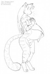 belly big_belly breasts claws digitigrade female fur hair long_hair navel nude pregnant solo stripes surprise towel water wet leokitsune domestic_cat felid feline felis mammal monochrome