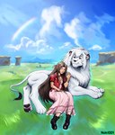 blue_sky bracelet clothing detailed_background dress duo eyes_closed female feral footwear fur grass jewelry landscape_background male mane mouth_closed necklace pawpads paws plant rainbow shoes sitting sky smile sunny whiskers white_body white_clouds white_fur white_mane noki001 final_fantasy final_fantasy_vii kimba_the_white_lion osamu_tezuka square_enix aerith_gainsborough kimba human mammal absurd_res hi_res