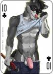 2018 abs anthro balls biceps biped brown_eyes card card_template clothed clothing clothing_lift clubs_(suit) copyright_symbol digital_media_(artwork) english_text eyewear fonyaa foreskin fur genitals glasses grey_body grey_fur hair holding_object humanoid_genitalia humanoid_penis looking_at_viewer male mammal mechanic muscular muscular_anthro muscular_male pecs penis playing_card playing_card_template procyonid raccoon rush_(character) shirt shirt_lift simple_background solo standing suit_symbol symbol ten_of_clubs text tools topwear white_background white_body white_fur