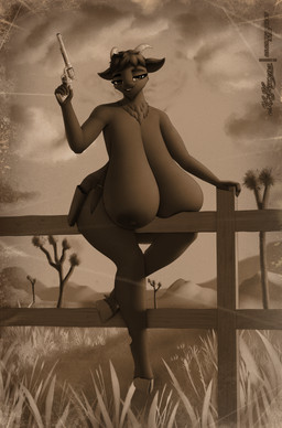 anthro areola big_breasts black_areola black_body black_fur black_hair black_lips black_nipples breast_squish breasts buckteeth cheek_tuft cloud detailed_background eyebrows eyelashes eyeliner facial_tuft female fence fencepost fetlocks fingers fur grass gun hair handgun hill holding_gun holding_handgun holding_object holding_pistol holding_ranged_weapon holding_weapon holster hooved_fingers hooves horn huge_breasts hyper hyper_breasts knife knife_sheath lips looking_at_viewer makeup neck_tuft nipples nude nude_anthro nude_female ocular_prosthetic pistol plant pose prosthetic raised_arm raised_weapon ranged_weapon red_eyes revolver short_hair showing_teeth sitting_on_fence sitting_on_object smile smiling_at_viewer solo squish sunset teeth text tree tuft weapon clearvision bathory_black_(therealnarrowjungle) bovid caprine goat mammal absurd_res english_text hi_res huge_filesize monochrome pinup sepia signature