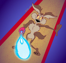 3_toes 4_fingers abstract_background anthro arm_tuft athletic athletic_anthro athletic_male belly bent_legs big_muscles big_pecs biped black_eyes black_nose black_toe_claws brown_body brown_fur chest_tuft claws curling_tail curvy_figure ears_outwards elbow_tuft energy eyebrows feet fingers fluffy fluffy_chest fluffy_tail front_view fur head_tuft holding_object holding_ranged_weapon holding_raygun holding_weapon humanoid_feet humanoid_hands humanoid_heel knock-kneed laser_beam laser_gun male mischievous mischievous_smile multicolored_body multicolored_fur muscular nude paws pecs pivoted_ears plantigrade pose raised_heel ranged_weapon raygun shoulder_tuft skinny skinny_anthro skinny_male slim_anthro slim_male small_waist solo standing_on_toes tail tan_belly tan_body tan_eyebrows tan_fur tiptoes toe_claws toes tuft two_tone_body two_tone_fur wasp_waist weapon wide_hips yellow_sclera gavanzude looney_tunes warner_brothers wile_e._coyote canid canine canis coyote mammal 2026 colored digital_drawing_(artwork) digital_media_(artwork) flat_colors hi_res pinup signature