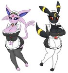 anthro big_breasts black_body breasts clothing collar duo eeveelution espeon feet female generation_2_pokemon hi_res huge_breasts legwear maid_apron maid_headdress maid_uniform nintendo pantyhose paws pokemon pokemon_(species) purple_body purple_eyes red_eyes simple_background stockings toes umbreon uniform urusee584 white_background