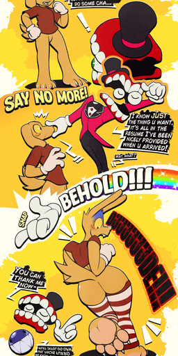 anthro blush blush_lines blush_stickers butt cartoon_gloves clothing dialogue featureless_crotch floppy_ears footwear fur gloves group handwear hat headgear headwear keysmash_text pawpads paws pink_pawpads red_clothing red_shirt red_t-shirt red_topwear secretly_loves_it shirt socks speech_bubble suit t-shirt tail text toeless_footwear toeless_legwear toeless_socks toeless_stockings top_hat topwear trio upside_down_text white_clothing white_gloves white_handwear yellow_body yellow_fur yellow_sclera dustythebat glitch_productions the_amazing_digital_circus bubble_(tadc) caine_(tadc) scratch_(tadc) bird_dog canid canine canis domestic_dog golden_retriever humanoid hunting_dog mammal retriever absurd_res english_text hi_res spanish_text translation_check translation_request