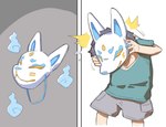 alarmed animal_mask blue_fire bottomwear cargo_shorts clothing colored_fire covered_eyes covered_face duo fire floating_mask fox_mask foxfire green_clothing green_shirt green_topwear grey_background grey_hair hair male mask panicking shirt shorts simple_background topwear wearing_mask white_background konoe_anim fan_character animate_inanimate human living_mask mammal comic