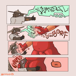 3_toes angry armor black_body blush bracers charmed clothing comic_panel confusion feet flaccid genital_piercing genitals gesture gloves hand_gesture handwear headgear headwear horn horn_jewelry jewelry magic magic_user male male/male mind_control multi_eye multicolored_body nipple_piercing nipples onomatopoeia penis penis_piercing piercing pointing pointing_at_another red_body reversal shout sound_effects spellcasting text toes two_tone_body luvamisguilty karsiv_(luvamisguilty) surnym_(luvamisguilty) demon kobold scalie 1:1 comic hi_res