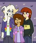 ambiguous/ambiguous ambiguous_gender blonde_hair blue_eyes brown_hair ear_piercing femboy group hair heart_locket heart_necklace heterochromia jewelry male male/ambiguous necklace piercing purple_background rainbow_ear_ring romantic romantic_couple simple_background white_hair goatboyalex undertale undertale_(series) asriel_dreemurr chara_(undertale) frisk_(undertale) boss_monster_(undertale) bovid caprine human mammal 5:6