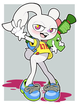 beta_design blush bottomless clothed clothing female footwear genitals gesture gun hand_gesture looking_at_viewer open_mouth ranged_weapon shoes smile solo v_sign vulva weapon white_body young young_female gaturo nintendo splatoon beta_inkling lagomorph leporid mammal rabbit 2025 hi_res