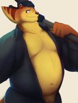 2022 4_fingers absurd_res anthro belly biped blue_jumpsuit clothing digital_drawing_(artwork) digital_media_(artwork) fingers fur hi_res holding_object holding_tool jumpsuit lombax looking_away male mammal mosin navel orange_body orange_fur ratchet_(ratchet_and_clank) ratchet_and_clank simple_background smile solo sony_corporation sony_interactive_entertainment standing striped_body striped_fur stripes tail tools