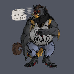 anthro beard belly big_belly black_body black_fur cigar clothing facial_hair fur male musclegut muscular red_eyes shirt smoking solo tank_top topwear tusks dekuinthelake bear canid canine canis chimera hybrid mammal suid suine sus_(pig) wild_boar wolf 1:1