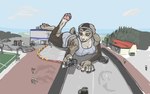 anthro clothing destroyed_vehicle female holding_vehicle inxt lagomorph lying macro mammal on_front outside pawpads raised_leg road smile solo