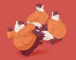 anthro belly big_belly bottomless brown_body brown_fur claws clothed clothing fur hoodie male multiple_poses obese obese_anthro obese_male open_mouth open_smile overweight overweight_anthro overweight_male pose red_background running simple_background smile solo standing teeth toe_claws topwear white_body white_fur fattydragonite domestic_ferret mammal mustelid musteline true_musteline weasel hi_res