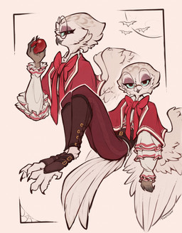 ambiguous_gender anthro apple big_glasses biped bottomwear claws cloak clothed clothed_ambiguous clothed_anthro clothing eyeshadow eyewear fancy_clothing feathered_wings feathers feet food frilly frilly_clothing fruit glasses holding_apple holding_food holding_fruit holding_object humanoid_hands lidded_eyes makeup neck_bow pants plant red_bow red_cloak red_clothing round_glasses simple_background solo tail tail_feathers talons toes white_body white_feathers wings daarclaw proserpina_(daarclaw) avian bird owl absurd_res digital_drawing_(artwork) digital_media_(artwork) english_description hi_res signature