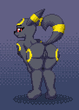 anthro anthrofied black_body black_fur breasts butt female fur genitals looking_at_viewer nude pokemorph simple_background smile solo standing tail vulva zeka10000 nintendo pokemon eeveelution generation_2_pokemon pokemon_(species) umbreon digital_media_(artwork) low_res pixel_(artwork)