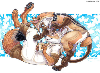 accessory anthro arm_tuft beverage black_claws black_nose blep blue_eyes brown_body brown_fur bubble_tea claws clothing dipstick_tail duo elbow_tuft extended_claws eye_contact feet_up female finger_claws fur furgonomics holding_beverage holding_object inner_ear_fluff jewelry kigurumi looking_at_another lying male male/female markings on_back onesie open_mouth open_smile orange_eyes pawpads paws pointy_ears pounce_pose prick_ears smile tail tail_accessory tail_jewelry tail_markings teeth_showing text toe_claws tongue tongue_out tuft whisker_spots whiskers white_body white_fur kashmere kojote meezer canid canine canis coyote domestic_cat felid feline felis mammal siamese 2024 artist_name signature traditional_media_(artwork)