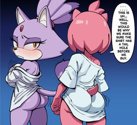 alternate_costume alternate_form anthro anthrofied bare_shoulders big_butt biped black_nose blush bottomless bottomless_anthro bottomless_female bubble_butt butt butt_focus clothed clothed_anthro clothed_female clothing countershade_face countershading dialogue duo ellipsis eyelashes female female_anthro fingers furgonomic_topwear furgonomics furry_problems gradient_background iris non-furgonomic pink_quills pink_tail pupils quill_hair quills_(anatomy) short_tail simple_background snout speech_bubble standing tail talking_to_another thick_thighs wide_hips yellow_eyes apsel_bluestar sega sonic_the_hedgehog_(series) amy_rose blaze_the_cat domestic_cat felid feline felis mammal hi_res