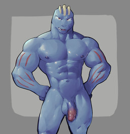 abs balls genitals male muscular muscular_male nipples nude_male open_mouth pecs penis simple_background jrjresq nintendo pokemon generation_1_pokemon machoke pokemon_(species) hi_res