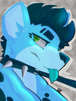 anthro blue_body blush blush_lines bodily_fluids collar good_boy green_eyes leash leash_pull leashed_collar male solo spikes sweat sweatdrop teasing tongue tongue_out vurbz_hexahydrate ankor_(ankorthehyena) hyena mammal 3:4 absurd_res hi_res