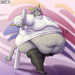 anthro belly belly_rolls big_belly big_butt butt chubby_cheeks clothing double_chin fat_face fat_rolls female hanging_belly huge_belly ill-fitting_clothing morbidly_obese obese obese_female overweight overweight_female solo sweater topwear wenisberry pseudoregalia sybil_(pseudoregalia) lagomorph mammal 1:1 hi_res