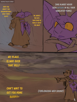 3_toes ambiguous_gender anthro big_ears bound clothed clothing dialogue duo feet landscape_background purple_body rope surprised text toes wings yellow_eyes yellow_text conditional_dnp dacad tyler_(dacad) zipper_(dacad) bat canid canine mammal comic english_text hi_res restricted_palette