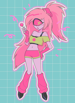 1_eye 4_fingers bottomwear breasts candy cleavage clothed clothing crop_top dessert female fingerless_gloves fingers food freckled_face freckled_shoulders freckles geometric_background gloves green_pupils grid_background hair handwear holding_candy holding_food holding_lollipop holding_object lollipop long_hair loose_socks midriff navel not_furry pattern_background pink_hair pink_sclera ponytail pupils scrunchie shirt shorts simple_background solo teal_background topwear training_bra x_pupils enaic31 hazbin_hotel hellaverse cherri_bomb_(hazbin_hotel) cyclops demon humanoid 2025 absurd_res digital_media_(artwork) full-length_portrait hi_res portrait