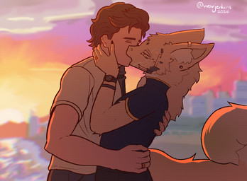 anthro beach bracelet clock clothed clothed_anthro clothed_male clothing cybernetic_arm cybernetic_limb cybernetics digit_ring duo ear_piercing fluffy fluffy_tail fully_clothed fully_clothed_anthro fully_clothed_male fur holding_cheek hug inner_ear_fluff jewelry kissing machine male male/male mane married_couple multicolored_body multicolored_fur piercing ring romantic shirt sky standing sunset tail tan_body tan_fur topwear tuft two_tone_body two_tone_fur watch wedding_ring wristwatch warjenkins thao_(warjenkins) animal_humanoid human humanoid mammal 2026 signature