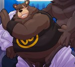 anthro belly big_belly bottomwear brown_body brown_fur clothing duo fur genitals kemono male male/male overweight overweight_male pants penis scar shirt topwear leothelionel mihoyo zenless_zone_zero ben_bigger bear mammal 2025 hi_res