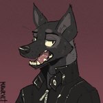 anthro black_clothing black_jacket black_topwear clothing fur grey_body grey_clothing grey_fur grey_shirt grey_topwear jacket looking_at_viewer male noose open_mouth shirt solo teeth teeth_showing tongue topwear mawkvlt max_damage_(furry) 1:1 bust_portrait portrait