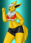 anthro anthrofied black_nose breasts clothed clothing digital_media_(artwork) eeveelution female fur generation_1_pokemon hair hi_res jolteon koekoek looking_at_viewer multicolored_body multicolored_fur nintendo pokemon pokemon_(species) pokemorph purple_eyes simple_background smile solo standing swimwear two_tone_body two_tone_fur white_hair yellow_body yellow_fur