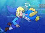 ambiguous_gender blonde_hair clothing duo eyes_closed hair hat headgear headwear heart_symbol humanoid_pointy_ears interspecies kiss_on_lips kissing lips male male/ambiguous pointy_ears surprise surprise_kiss thick_lips underwater water wide_eyed the_scale_train mario_bros nintendo the_legend_of_zelda wind_waker toon_link cheep_cheep fish humanoid hylian mammal marine 2022 4:3 crossover hi_res