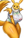 anthro big_breasts biped black_nose black_sclera blue_eyes bottomless breasts clothed clothing female fur multicolored_body multicolored_fur simple_background skimpy solo tail teeth thick_thighs white_background white_body white_fur yellow_body yellow_fur yellow_tail furdle bandai_namco digimon digimon_(species) renamon absurd_res hi_res