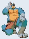 anthro areola barefoot belly biceps big_muscles bottomwear claws clothed clothing eyebrows feet front_view fur kemono kneeling looking_at_viewer low-angle_view male musclegut muscular muscular_anthro muscular_male narrowed_eyes nipples on_one_knee pecs plantigrade shorts simple_background smile solo topless topless_anthro topless_male tuft white_background starlimisky bluey_(series) bandit_heeler australian_cattle_dog canid canine canis cattledog domestic_dog herding_dog mammal pastoral_dog 2025 hi_res