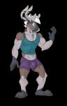 anthro antlers arm_tuft biceps biped body_hair bottomwear brown_body brown_skin bulge chest_hair chest_tuft clothed clothing detailed_bulge erect_nipples eyebrows genital_outline green_eyes grey_body grey_horn grey_skin growth hair hooves horn looking_at_hand male multicolored_body multicolored_skin muscle_growth muscular muscular_anthro muscular_male nipple_outline nipples open_mouth pecs penis_outline pink_tongue pose purple_bottomwear purple_clothing shirt simple_background snout solo standing tank_top teal_clothing teal_topwear teeth tight_clothing tongue topwear transformation tuft white_body white_hair white_skin mnty mnty_(character) deer mammal new_world_deer reindeer 2016 absurd_res alpha_channel digital_media_(artwork) full-length_portrait hi_res portrait