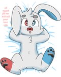 ahegao anatomically_inaccurate anatomically_inaccurate_pawpads anthro bed bed_sheet bedding feet feral furniture looking_pleasured lying lying_on_bed male on_bed pawpads smile solo text nikoransfw cotton_(nikoransfw) lagomorph leporid mammal rabbit 4:5 english_text hi_res