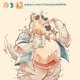 anthro belly big_belly blue_clothing blue_topwear bottomwear brown_body brown_fur clothed clothing eating floppy_ears food fries fur grey_body grey_fur holding_food holding_object human_to_anthro male male_anthro male_human mid_transformation moobs mouth_closed navel nipples obese obese_anthro obese_human obese_male open_clothing open_topwear overweight overweight_anthro overweight_human overweight_male pants pink_nipples simple_background solo species_transformation standing tan_body tan_skin text topwear torn_bottomwear torn_clothing torn_pants transformation white_background chocolateandmilk canid canine canis domestic_dog human mammal 1:1 hi_res url
