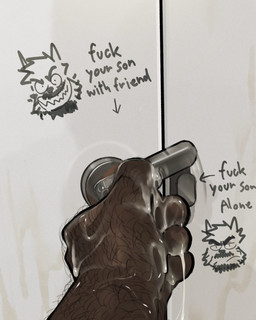 anthro arm_hair beard bodily_fluids body_hair close-up cum cum_on_hand directional_arrow door eyebrows facial_hair frown fur genital_fluids graffiti hair hairy hand_hair humanoid_hands lock male motion_blur motion_lines profanity smile solo stated_incest text kenkudog fred_(kenkudog) canid canine canis domestic_dog mammal 2026 4:5 absurd_res english_text hi_res father_(lore) incest_(lore) parent_(lore)