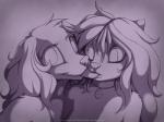 anthro collar duo eyelashes female female/female fur hair smile text tongue tongue_out conditional_dnp jay_naylor bethany_(jay_naylor) trixie_(jay_naylor) canid canine canis domestic_cat domestic_dog felid feline felis mammal 2017 4:3 digital_media_(artwork) hi_res monochrome shaded url