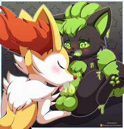 alternate_color ambiguous_gender ambiguous_penetrated animal_genitalia animal_penis anthro anthro_on_feral anthro_penetrated balls bestiality big_balls big_ears big_penis black_body black_fur blush bodily_fluids canine_genitalia canine_penis cum cum_in_mouth cum_inside duo eyes_closed fellatio feral feral_penetrating feral_penetrating_anthro fur genital_fluids genitals green_eyes green_hair green_pawpads green_penis hair inner_ear_fluff knot male male/ambiguous male_penetrating male_penetrating_ambiguous oral pawpads penetration penile penis sex spiral spiral_eyes text tongue tongue_out tongue_out_fellatio tuft cloudeon nintendo pokemon braixen canid canine generation_1_pokemon generation_6_pokemon mammal pokemon_(species) vulpix absurd_res hi_res url