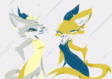 anthro blue_clothing blue_dress clothing dress duo female fur grey_body grey_fur smile white_body white_fur yellow_body yellow_clothing yellow_dress yellow_fur naircat domestic_cat felid feline felis mammal 2017 digital_drawing_(artwork) digital_media_(artwork) microsoft_paint_(artwork)