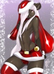 5_fingers absolute_territory anthro bell belt biped bottomwear bulge christmas_clothing christmas_headwear clothed clothing crossdressing femboy fingers fur fur_trim_(clothing) grey_body grey_fur hair hair_over_eye hat headgear headwear holding_object holidays legwear long_hair looking_aside looking_at_viewer male microskirt miniskirt one_eye_obstructed pink_eyes red_bottomwear red_clothing red_legwear sack santa_hat skirt smile solo standing stockings topless white_hair peritian christmas acacia_prium mammal marsupial vombatiform wombat portrait three-quarter_portrait