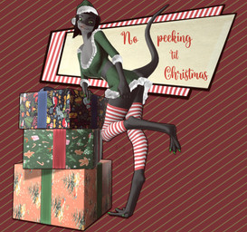 anthro black_hair bob_cut breasts butt christmas_clothing christmas_headwear claws clothed clothing colored_nails digitigrade female green_eyes grey_body hair hat headgear headwear holidays legwear looking_at_viewer makeup medium_hair multicolored_body nails non-mammal_breasts pose santa_hat smoking solo stockings tail text thigh_highs toe_claws two_tone_body adm christmas voices_of_the_void monique_santificer reptile scalie snake 3d_(artwork) absurd_res digital_media_(artwork) hi_res huge_filesize pinup