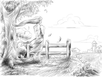 barn biped clothing dress falling_leaves farm female fence hair leaf long_hair not_furry plant rear_view solo standing tree wind wood mysticalpha human mammal 4:3 black_and_white digital_drawing_(artwork) digital_media_(artwork) hatching_(art) monochrome shaded sketch