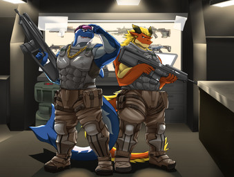 abs anthro armor armory barazoku biceps big_muscles big_pecs black_eyes blonde_mane blue_body blue_eyes blue_scales boots bottomwear brown_boots brown_bottomwear brown_clothing brown_footwear brown_pants brown_shoes bulletproof_vest chain chain_jewelry chain_necklace clothing cocky cocky_grin combat_boots combat_clothes combat_gear cyberpunk cyberpunk_clothes duo eye_contact eyewear eyewear_on_head fangs flirting flirting_look footwear futuristic futuristic_armor futuristic_clothing futuristic_gun futuristic_setting futuristic_weapon gangster goggles goggles_on_head gold_(metal) gold_chain gold_chain_jewelry gold_jewelry gold_necklace grey_clothing grey_topwear grey_vest grin grinning_at_partner gun henchmen holding_gun holding_object holding_ranged_weapon holding_rifle holding_shotgun holding_weapon jewelry knee_pads looking_aside looking_at_another looking_at_partner male male/male mane manly mercenary military military_clothing military_gear military_pants military_uniform multicolored_body multicolored_scales muscular muscular_anthro muscular_male necklace overhead_lighting pants pecs pose purple_eyewear purple_goggles raised_arm ranged_weapon red_body red_scales rifle scales shadow shoes shotgun smile smirk smirking_at_another smirking_at_partner soldier standing tactical tactical_belt tactical_gear tactical_load_carring_vest tactical_pants tail teeth thick_arms thick_thighs thug topwear tough_guy two_tone_body two_tone_scales uniform vest warrior weapon wearing_armor white_body white_scales yellow_body yellow_scales vhb3art mythology gmaximus icecoldorca cetacean dolphin dragon mammal marine mythological_creature mythological_scalie oceanic_dolphin orca scalie toothed_whale hi_res