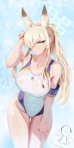 big_breasts blonde_hair blue_eyes breasts butt butt_from_the_front collarbone eyelashes female glistening glistening_body glistening_skin hair hair_over_eye halo hand_on_leg hand_on_thigh inner_ear_fluff jewelry leaning leaning_forward navel_outline necklace ponytail solo thigh_gap tuft whistle_(object) alca97 blue_archive kanna_(blue_archive) animal_humanoid canid canid_humanoid canine canine_humanoid fox_humanoid humanoid mammal mammal_humanoid 1:2 2024 hi_res