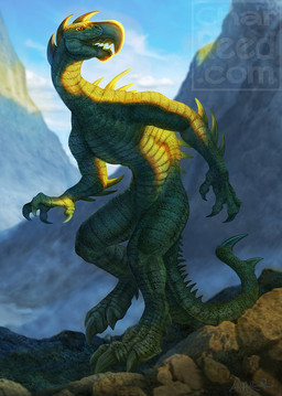 anthro beak blue_sky claws cloud day detailed_background digitigrade finger_claws green_body green_scales jagged_beak male mountain outside rock scales sky solo spiked_tail spikes spikes_(anatomy) tail toe_claws charreed animorphs alien hork-bajir digital_media_(artwork) digital_painting_(artwork) full-length_portrait painting_(artwork) portrait shaded