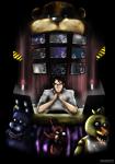 anthro bib bow_(feature) bow_tie creepy female glowing glowing_eyes group machine male monitors unknown_artist five_nights_at_freddy's scottgames bonnie_(fnaf) chica_(fnaf) foxy_(fnaf) freddy_(fnaf) markiplier animatronic avian bear bird canid canine chicken fox galliform gallus_(genus) human lagomorph leporid mammal phasianid rabbit robot hi_res