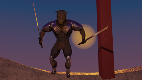 abs anthro armor armwear biceps big_muscles black_body black_nipples brown_clothing brown_gloves brown_handwear clothed clothing dual_wielding ear_piercing footwear fur gloves handwear holding_object holding_weapon looking_forward male manly melanistic melee_weapon muscular muscular_anthro muscular_male nipples pecs piercing quads sky solo sword thong underwear weapon mindorbody felid mammal pantherine 16:9 3d_(artwork) digital_media_(artwork) hi_res widescreen