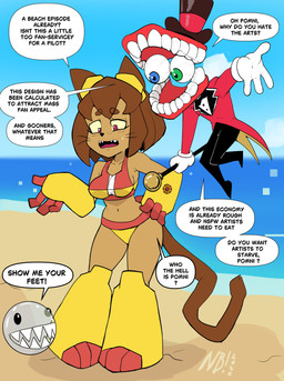 3_toes 4_fingers anthro armor beach big_breasts blue_eyes bodily_fluids boots bow_tie breasts brown_body brown_fur brown_hair clothing coat day dialogue eyewear eyewear_on_head feet female fingers floating floating_eyes footwear for_a_head fur gauntlets gloves goggles goggles_on_head green_eyes group hair hand_on_hip handwear hat headgear headwear heterochromia holding_object holding_staff knock-kneed male midriff navel open_mouth outside pupils ringmaster ringmaster_outfit sand seaside sharp_teeth shoes short_hair sky speech_bubble square_pupils staff standing suit sweat sweatdrop swimwear tail tailcoat teeth text toes top_hat topwear trio two-piece_swimsuit whiskers nerdbayne gameoverse glitch_productions the_amazing_digital_circus bubble_(tadc) caine_(tadc) kit_bodega domestic_cat felid feline felis humanoid living_bubble mammal object_head tooth_creature 2026 absurd_res crossover english_text hi_res signature